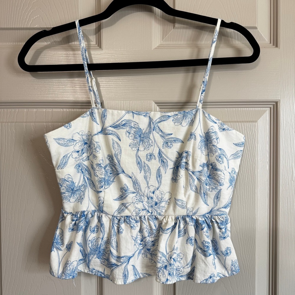 A New Day Womens XS Blue White Floral Toile Peplum Camisole Smocked Back Top